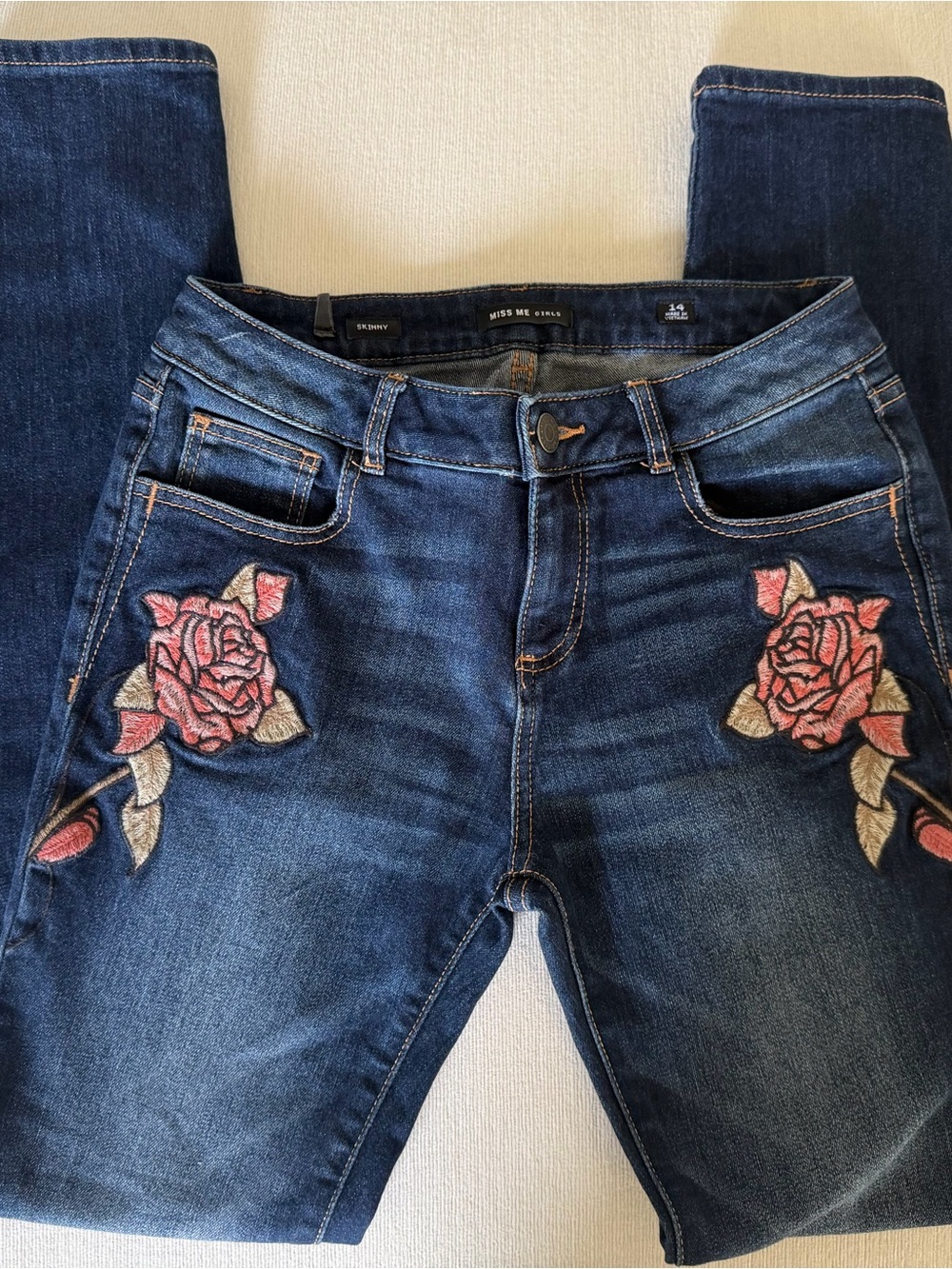 Miss Me Dark Blue Skinny Jeans with Pink Rose Embroidery 14